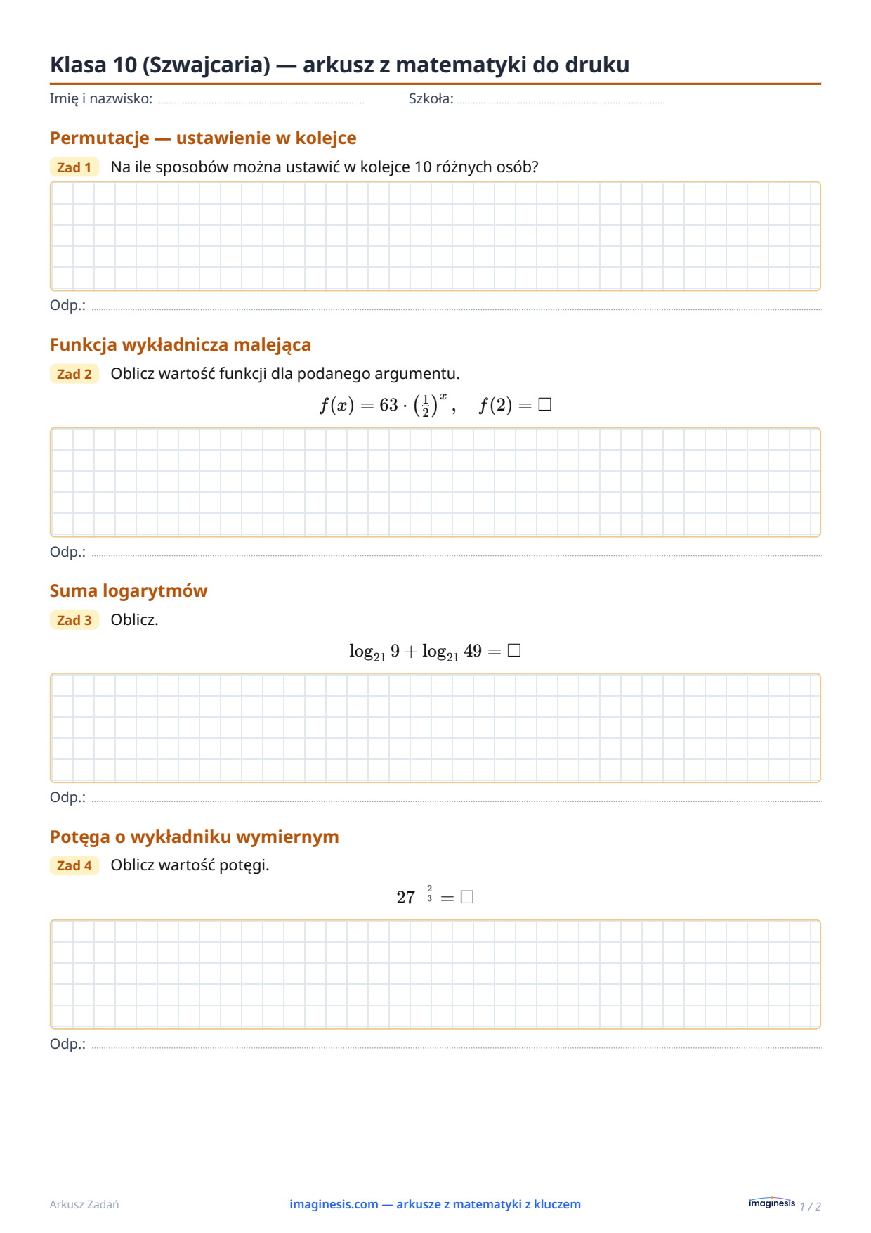 Klasa 10 (Szwajcaria) — arkusz z matematyki do druku — Karta ucznia: arkusz z matematyki do druku (Klasa 10, Szwajcaria)