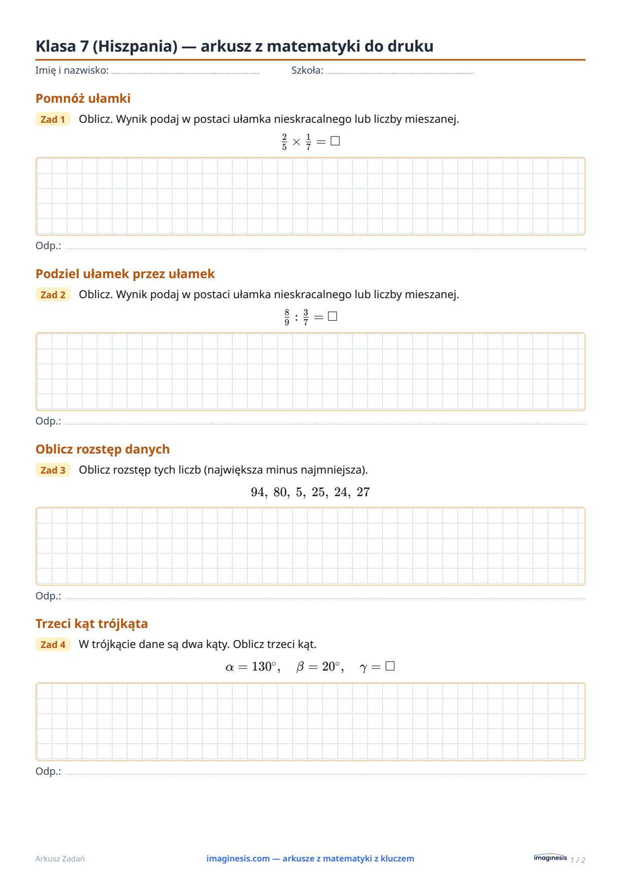 Klasa 7 (Hiszpania) — arkusz z matematyki do druku — Karta ucznia: arkusz z matematyki do druku (Klasa 7, Hiszpania)
