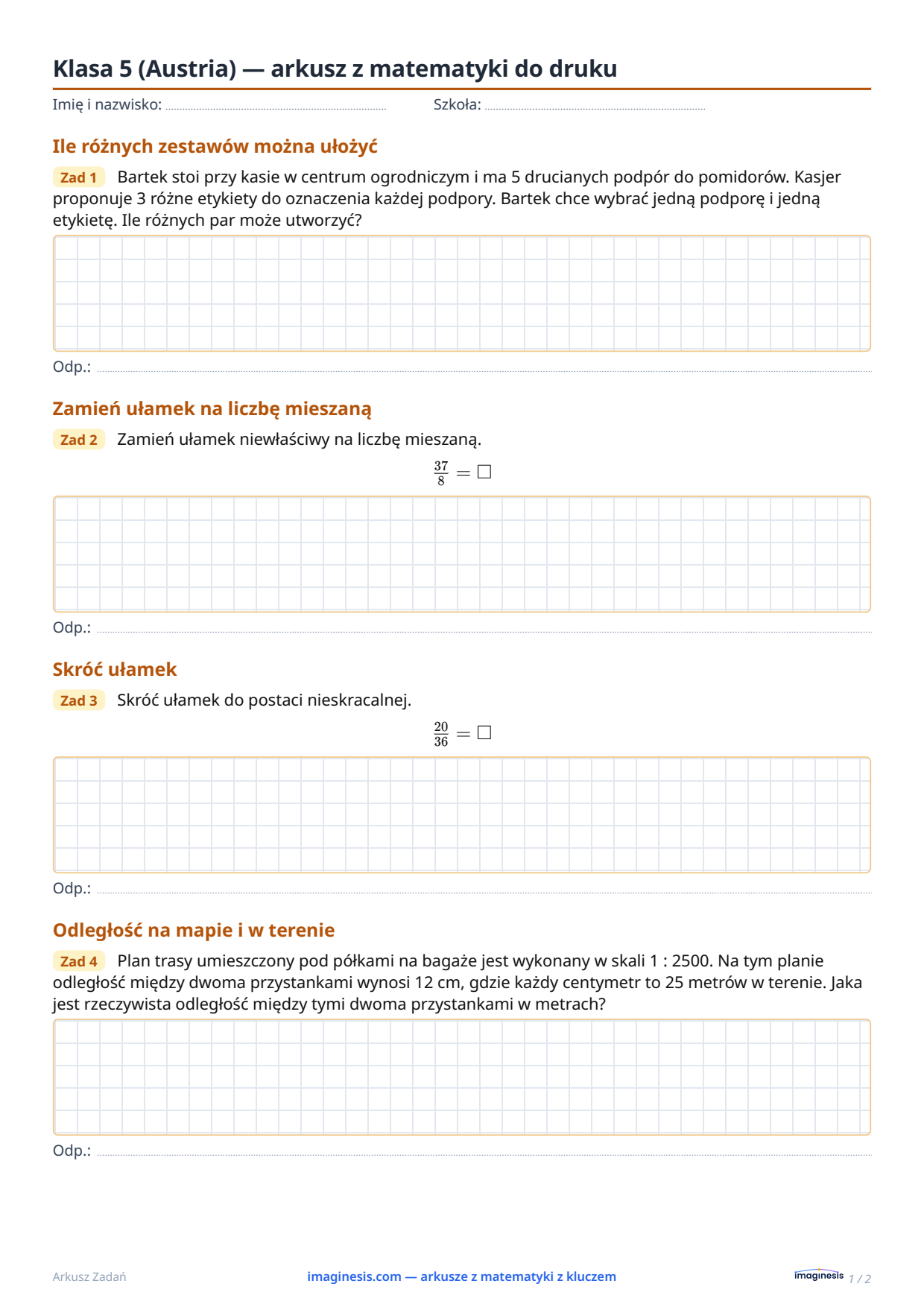 Klasa 5 (Austria) — arkusz z matematyki do druku — Karta ucznia: arkusz z matematyki do druku (Klasa 5, Austria)