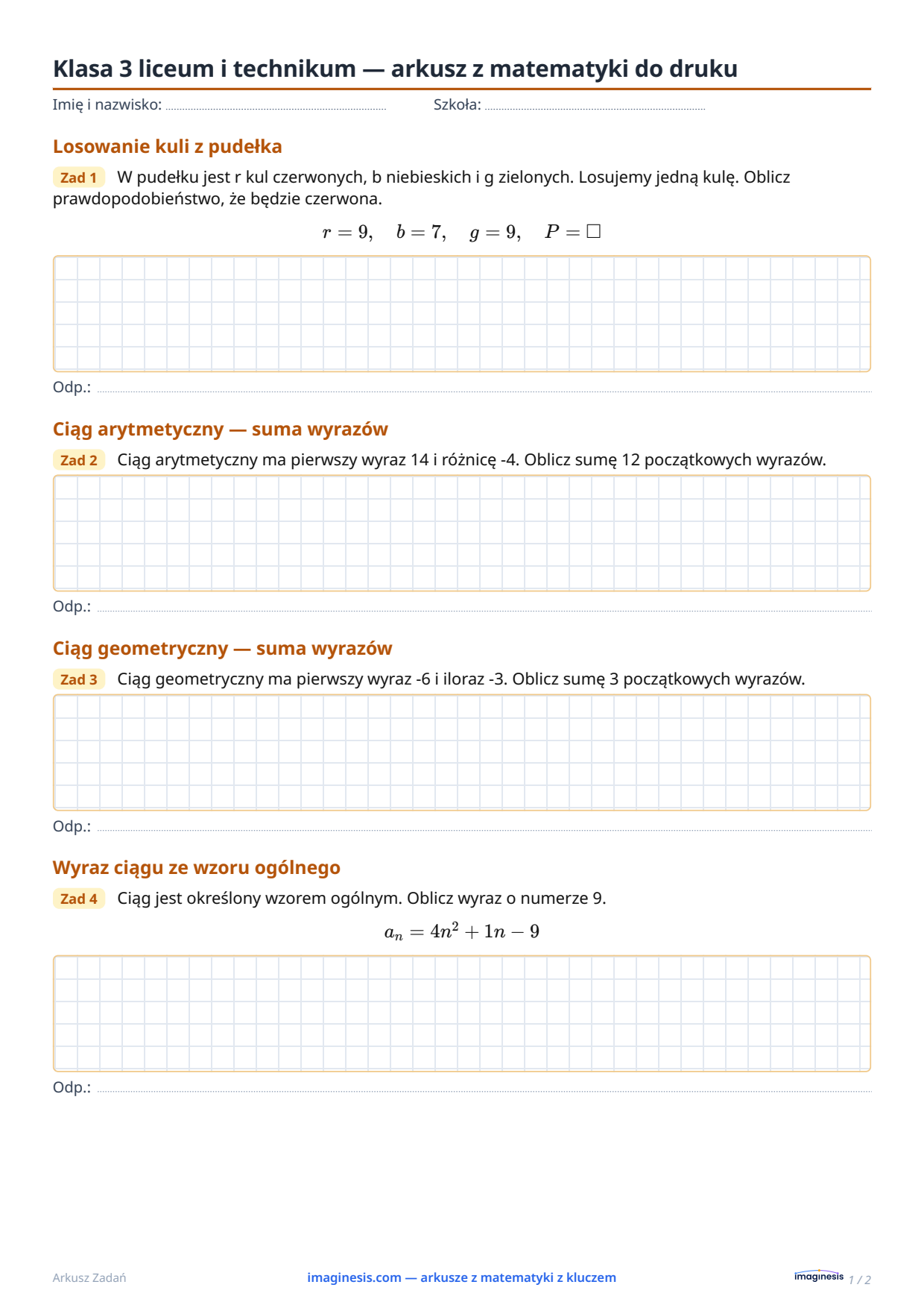 Klasa 3 liceum i technikum — arkusz z matematyki do druku — Karta ucznia: arkusz z matematyki do druku (Klasa 3 liceum i technikum, Polska)