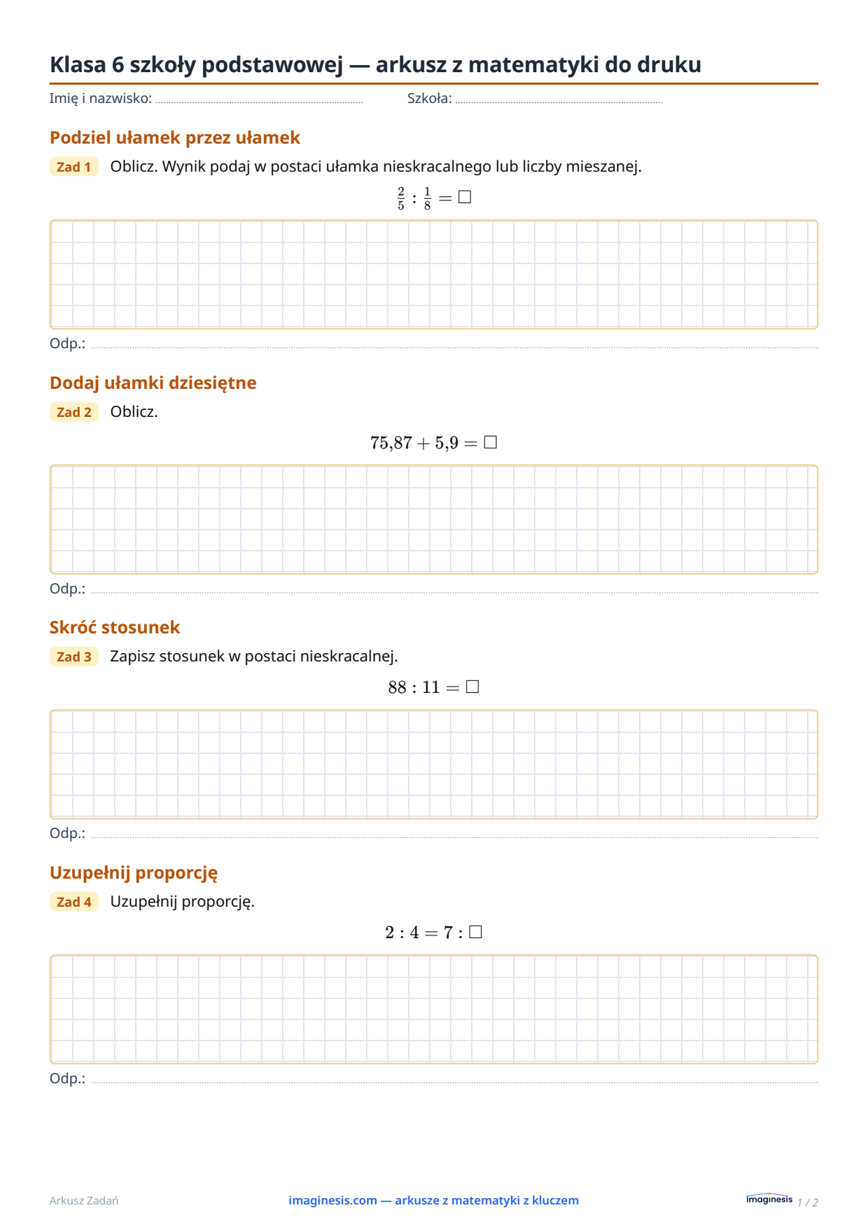 Klasa 6 (Stany Zjednoczone) — arkusz z matematyki do druku — Karta ucznia: arkusz z matematyki do druku (Klasa 6, Stany Zjednoczone)