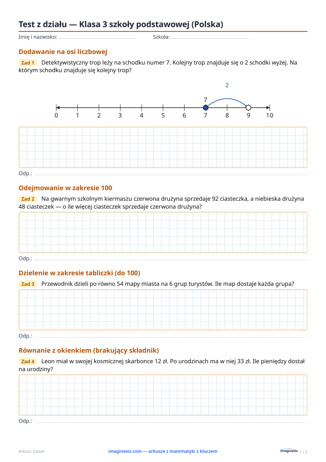 Test z działu — Klasa 3 szkoły podstawowej (Polska) — Karta ucznia: arkusz z matematyki do druku (Klasa 3 szkoły podstawowej, Polska)