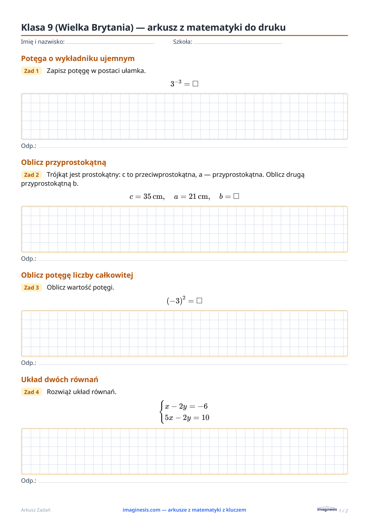 Klasa 9 (Wielka Brytania) — arkusz z matematyki do druku — Karta ucznia: arkusz z matematyki do druku (Klasa 9, Wielka Brytania)