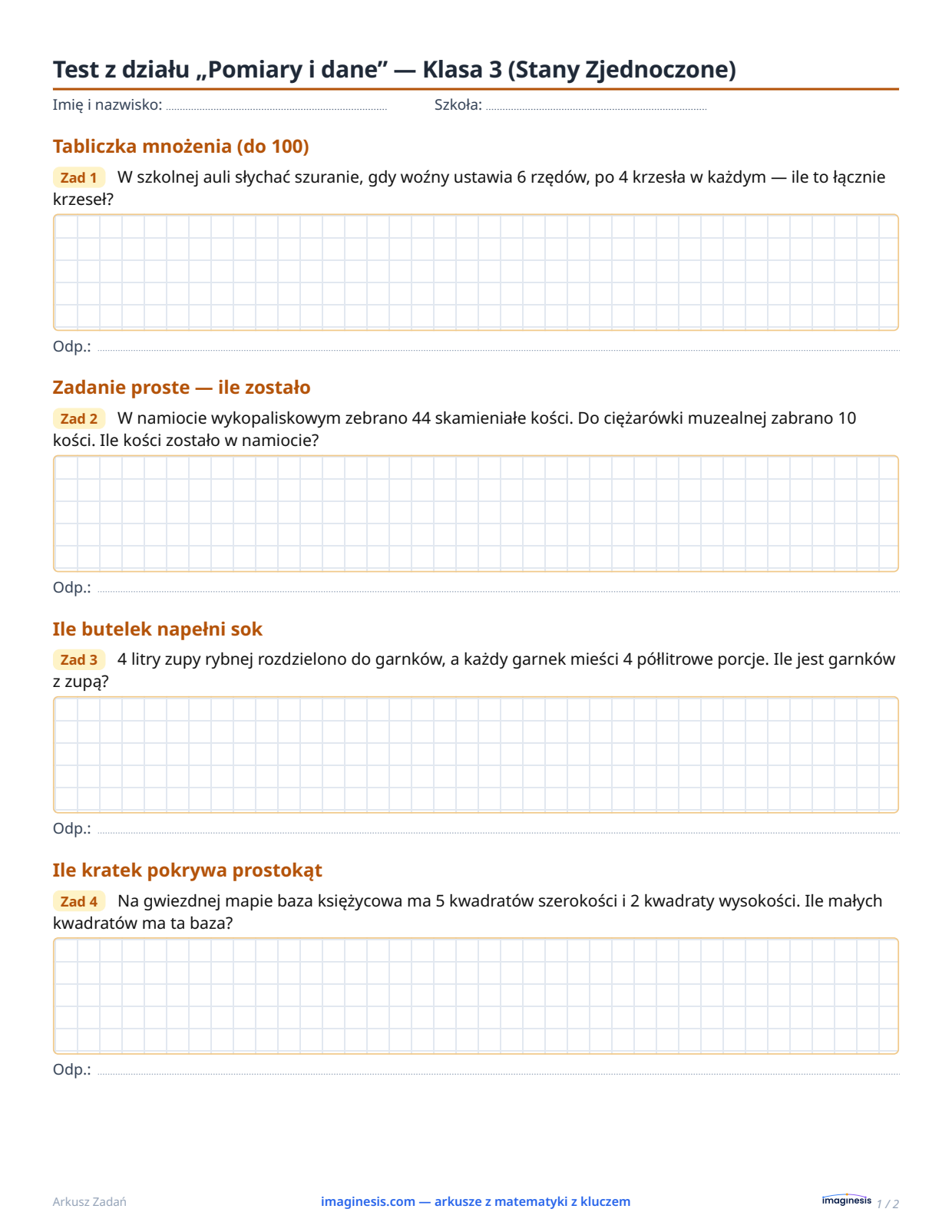 Test z działu „Pomiary i dane” — Klasa 3 (Stany Zjednoczone) — Karta ucznia: arkusz z matematyki do druku (Klasa 3, Stany Zjednoczone)