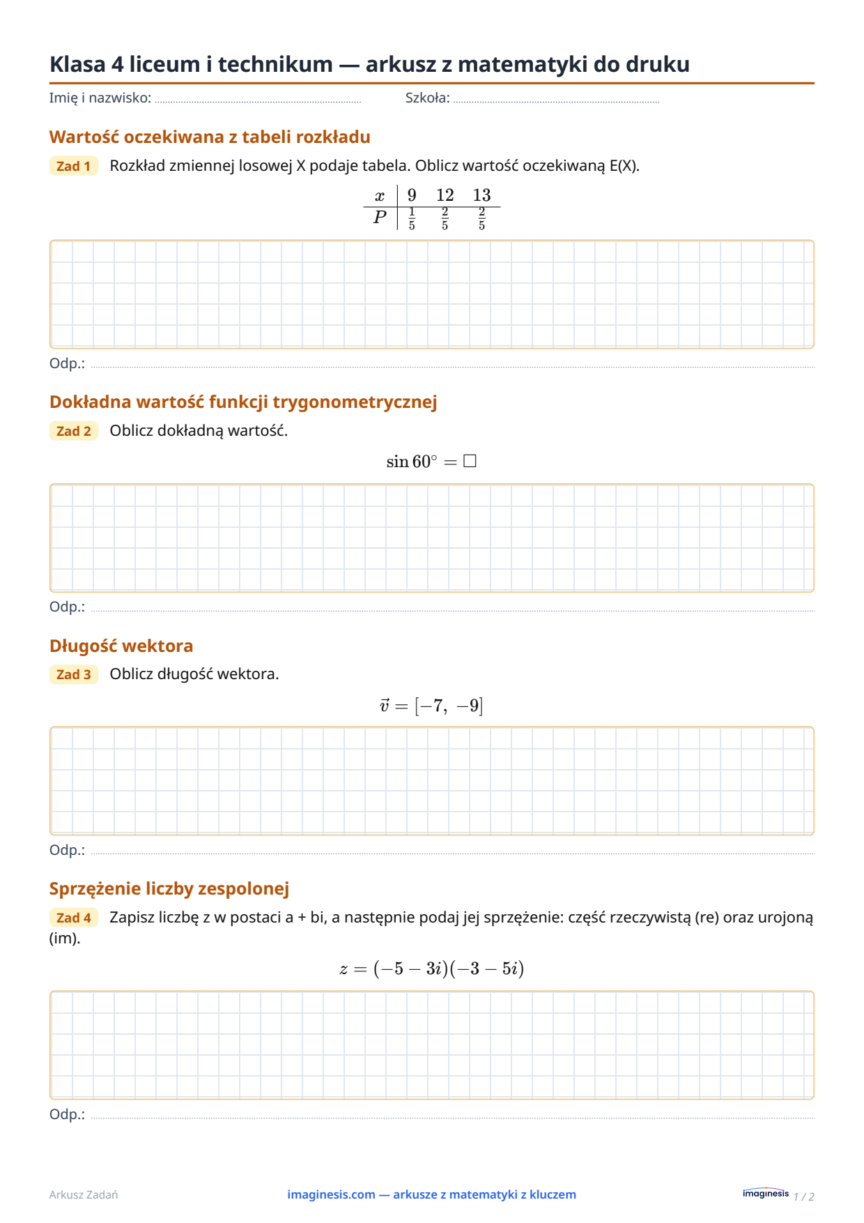 Klasa 12 (Stany Zjednoczone) — arkusz z matematyki do druku — Karta ucznia: arkusz z matematyki do druku (Klasa 12, Stany Zjednoczone)