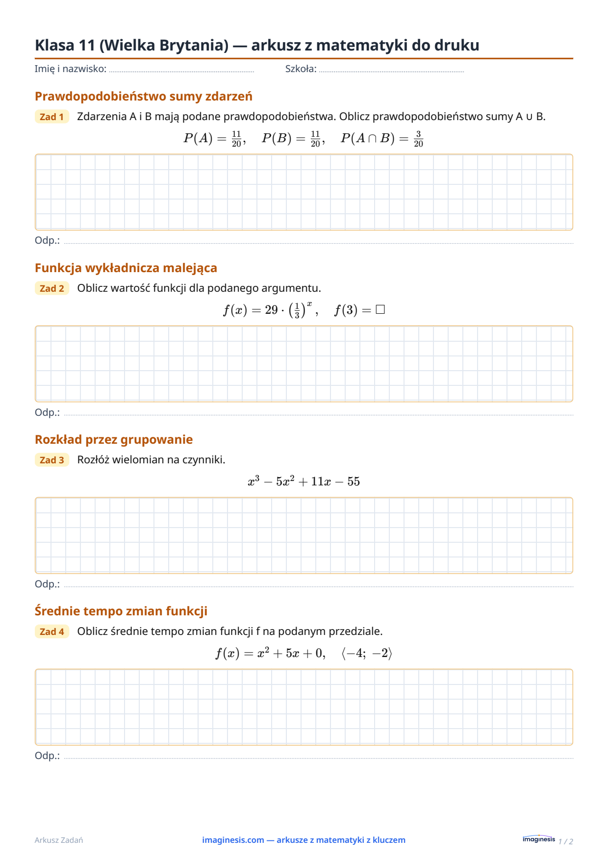 Klasa 11 (Wielka Brytania) — arkusz z matematyki do druku — Karta ucznia: arkusz z matematyki do druku (Klasa 11, Wielka Brytania)