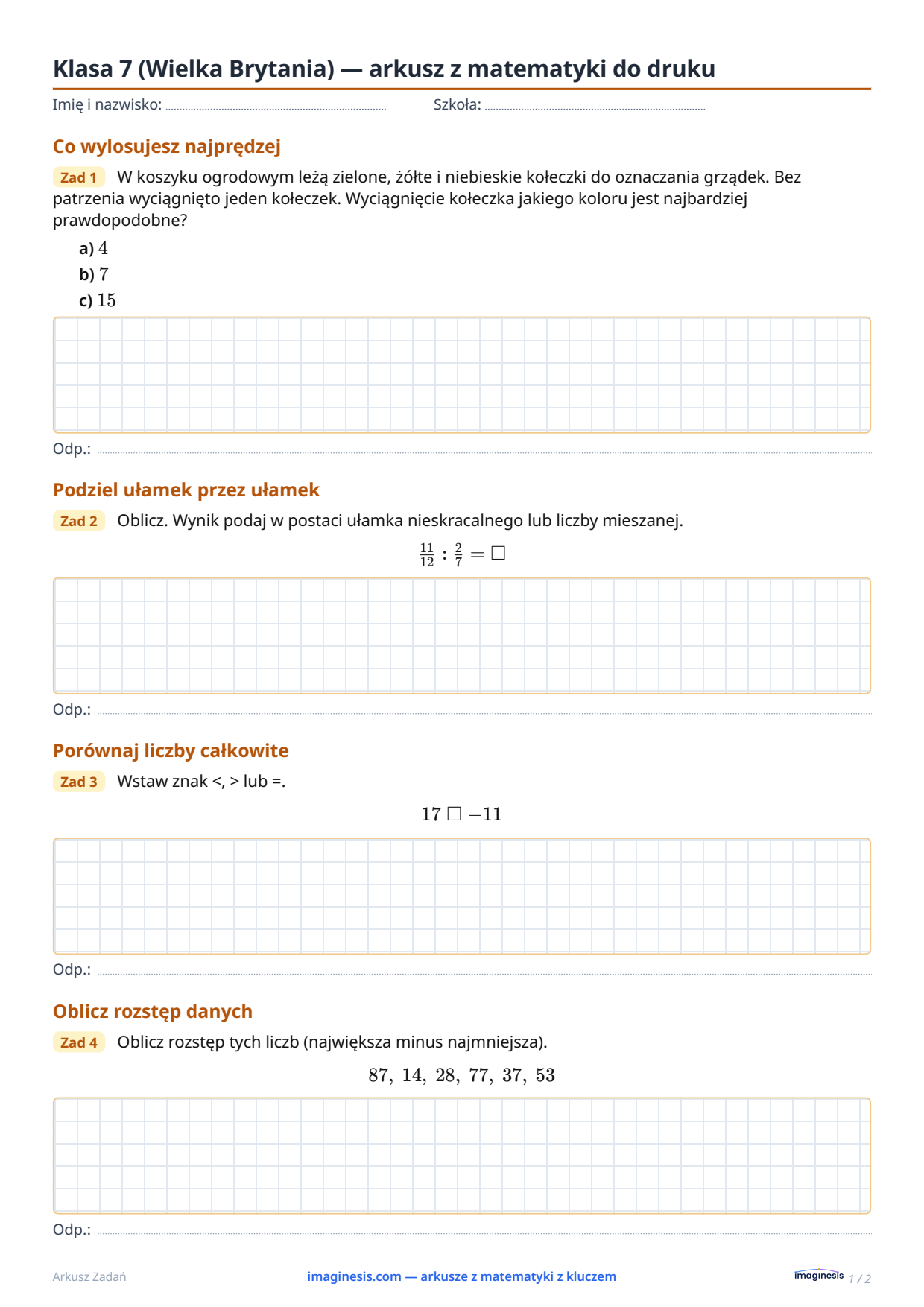 Klasa 7 (Wielka Brytania) — arkusz z matematyki do druku — Karta ucznia: arkusz z matematyki do druku (Klasa 7, Wielka Brytania)