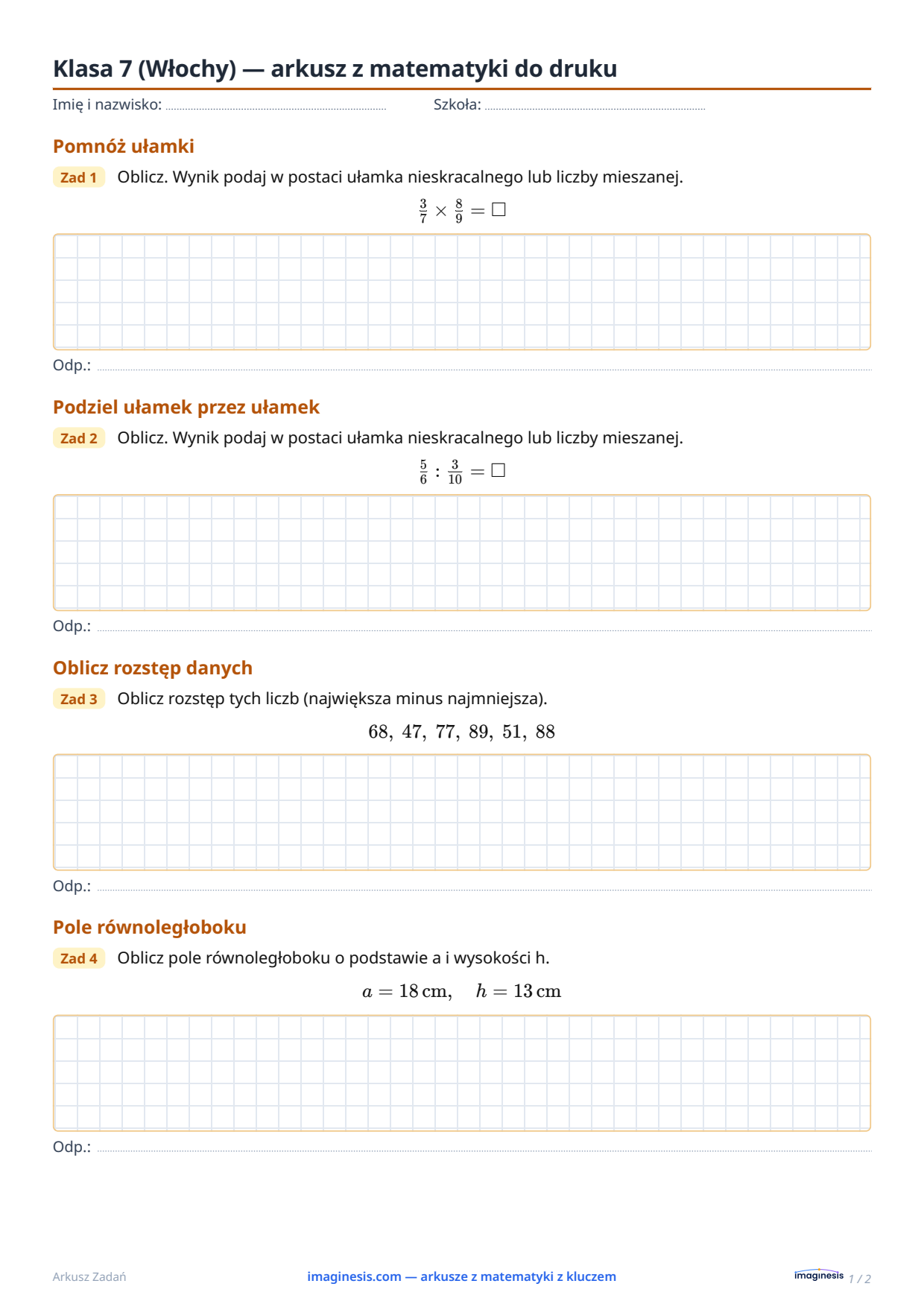 Klasa 7 (Włochy) — arkusz z matematyki do druku — Karta ucznia: arkusz z matematyki do druku (Klasa 7, Włochy)