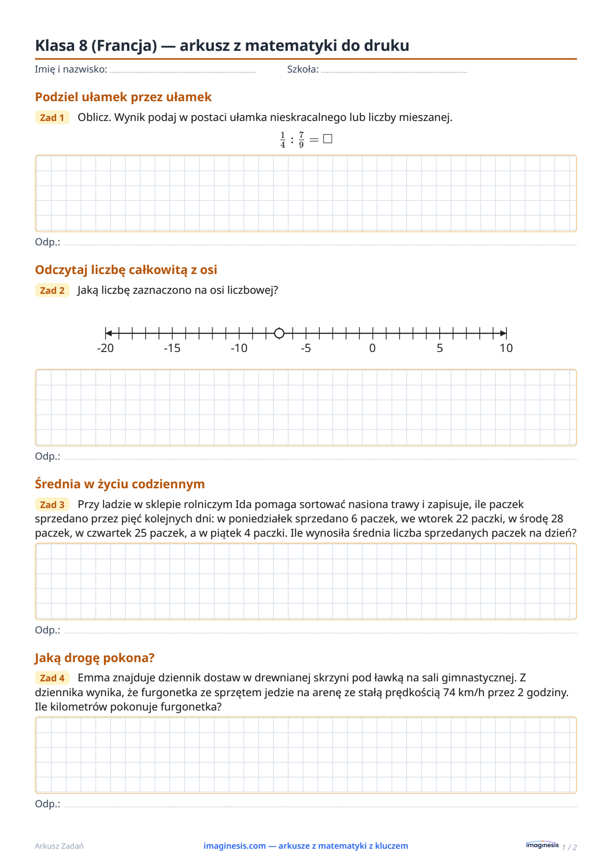 Klasa 8 (Francja) — arkusz z matematyki do druku — Karta ucznia: arkusz z matematyki do druku (Klasa 8, Francja)