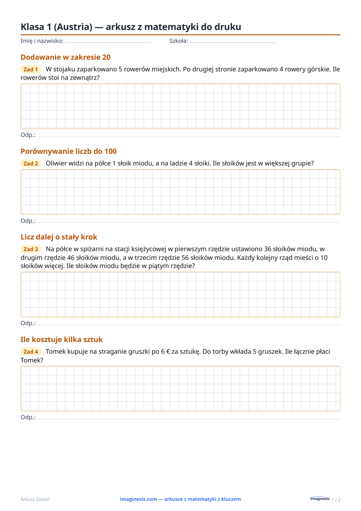 Klasa 1 (Austria) — arkusz z matematyki do druku — Karta ucznia: arkusz z matematyki do druku (Klasa 1, Austria)