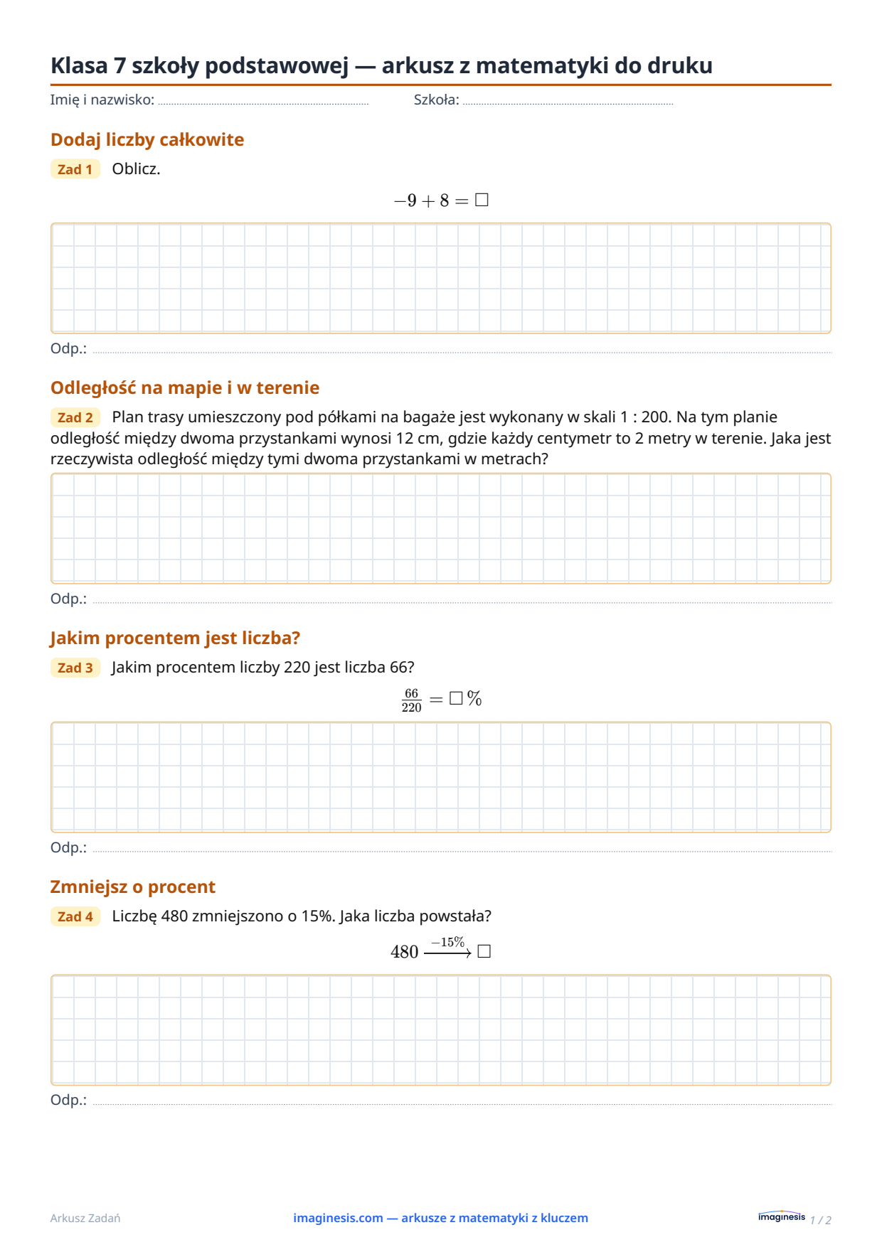 Klasa 7 (Stany Zjednoczone) — arkusz z matematyki do druku — Karta ucznia: arkusz z matematyki do druku (Klasa 7, Stany Zjednoczone)