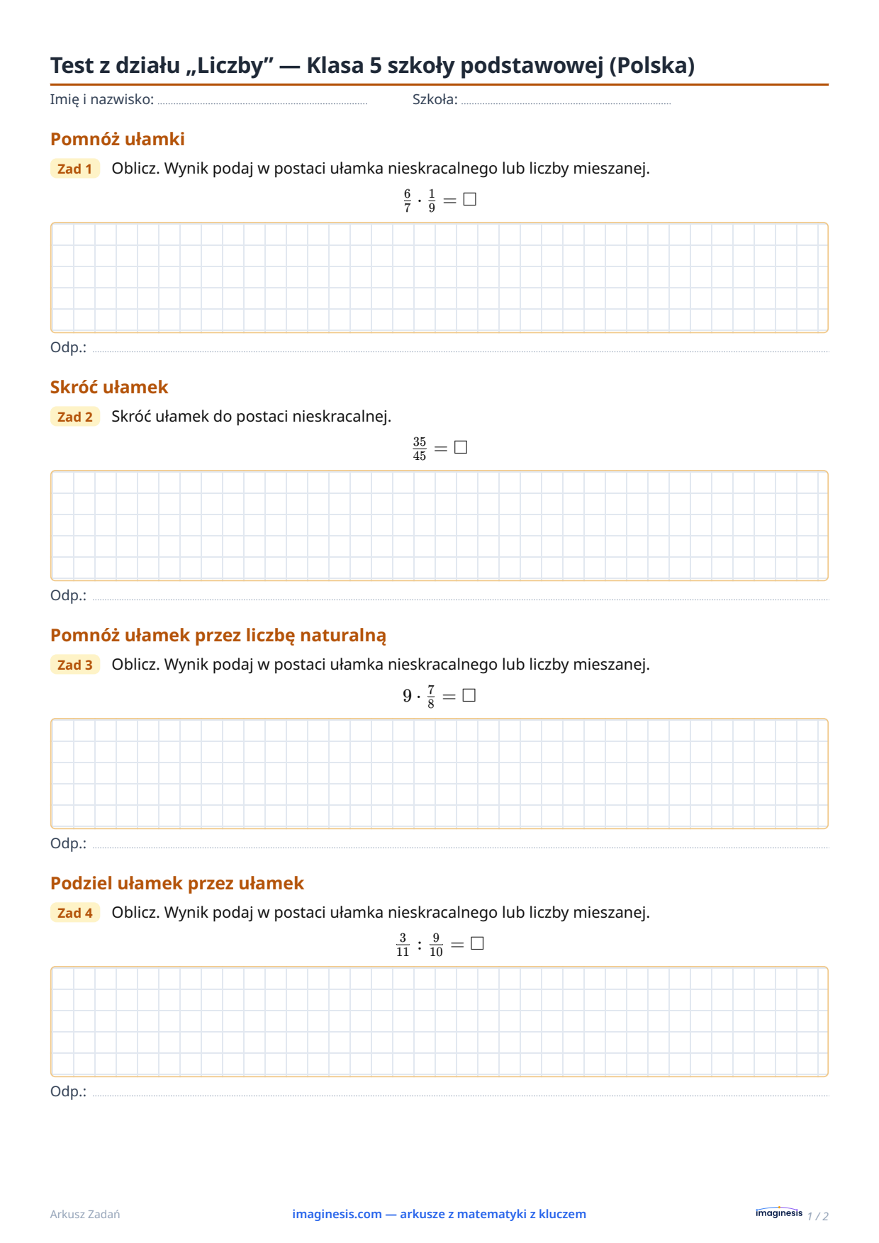 Test z działu „Liczby” — Klasa 5 szkoły podstawowej (Polska) — Karta ucznia: arkusz z matematyki do druku (Klasa 5 szkoły podstawowej, Polska)