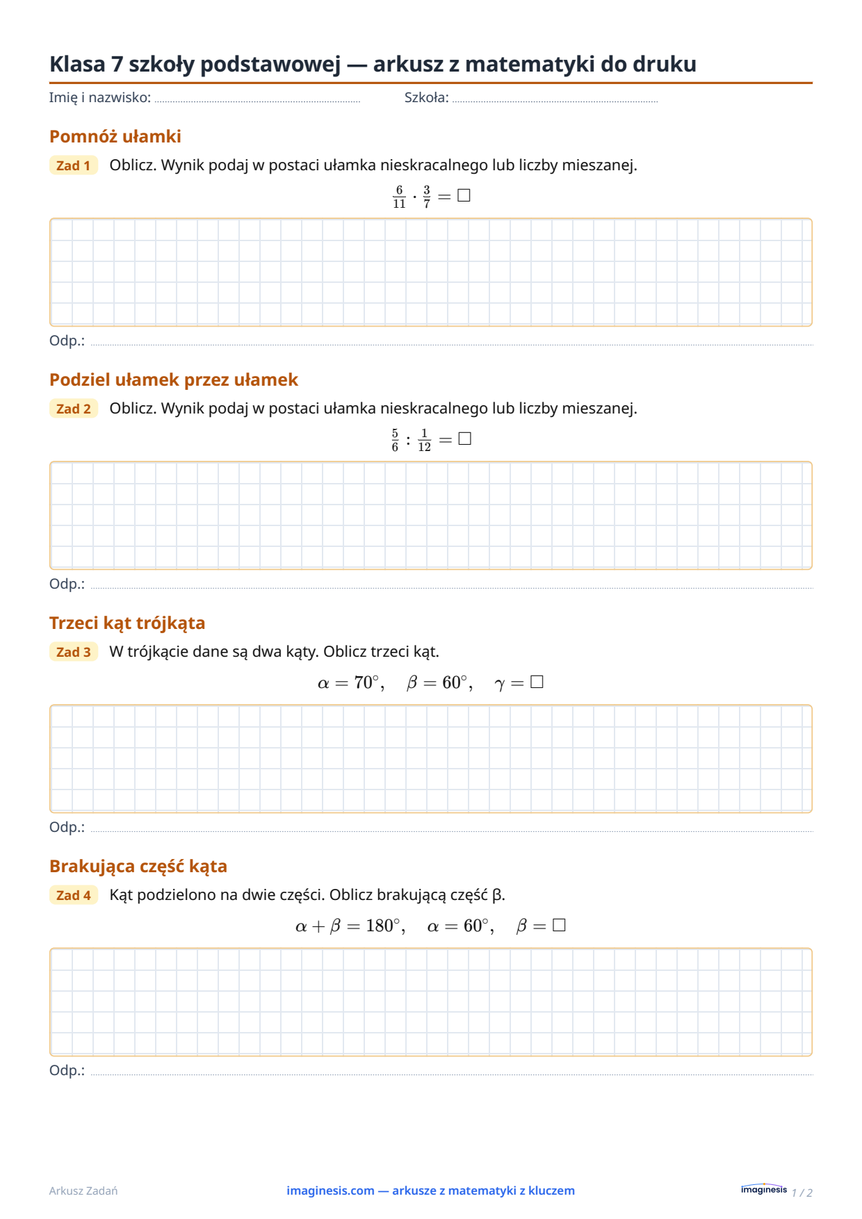 Klasa 7 (Niemcy) — arkusz z matematyki do druku — Karta ucznia: arkusz z matematyki do druku (Klasa 7, Niemcy)