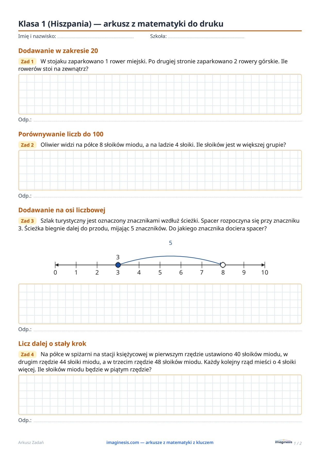 Klasa 1 (Hiszpania) — arkusz z matematyki do druku — Karta ucznia: arkusz z matematyki do druku (Klasa 1, Hiszpania)