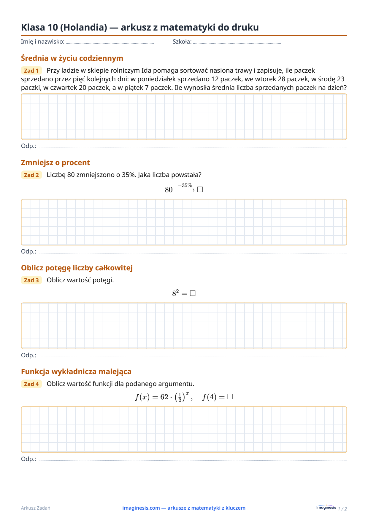 Klasa 10 (Holandia) — arkusz z matematyki do druku — Karta ucznia: arkusz z matematyki do druku (Klasa 10, Holandia)