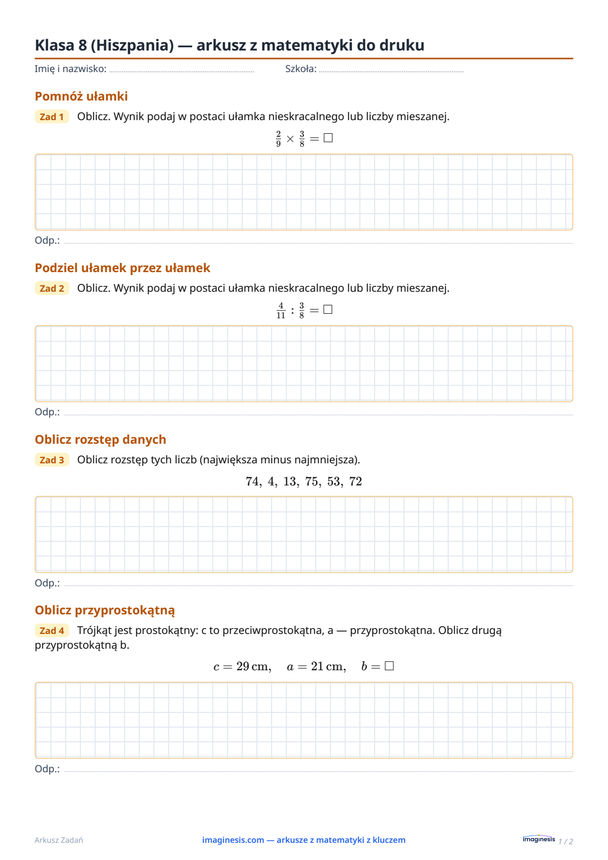 Klasa 8 (Hiszpania) — arkusz z matematyki do druku — Karta ucznia: arkusz z matematyki do druku (Klasa 8, Hiszpania)