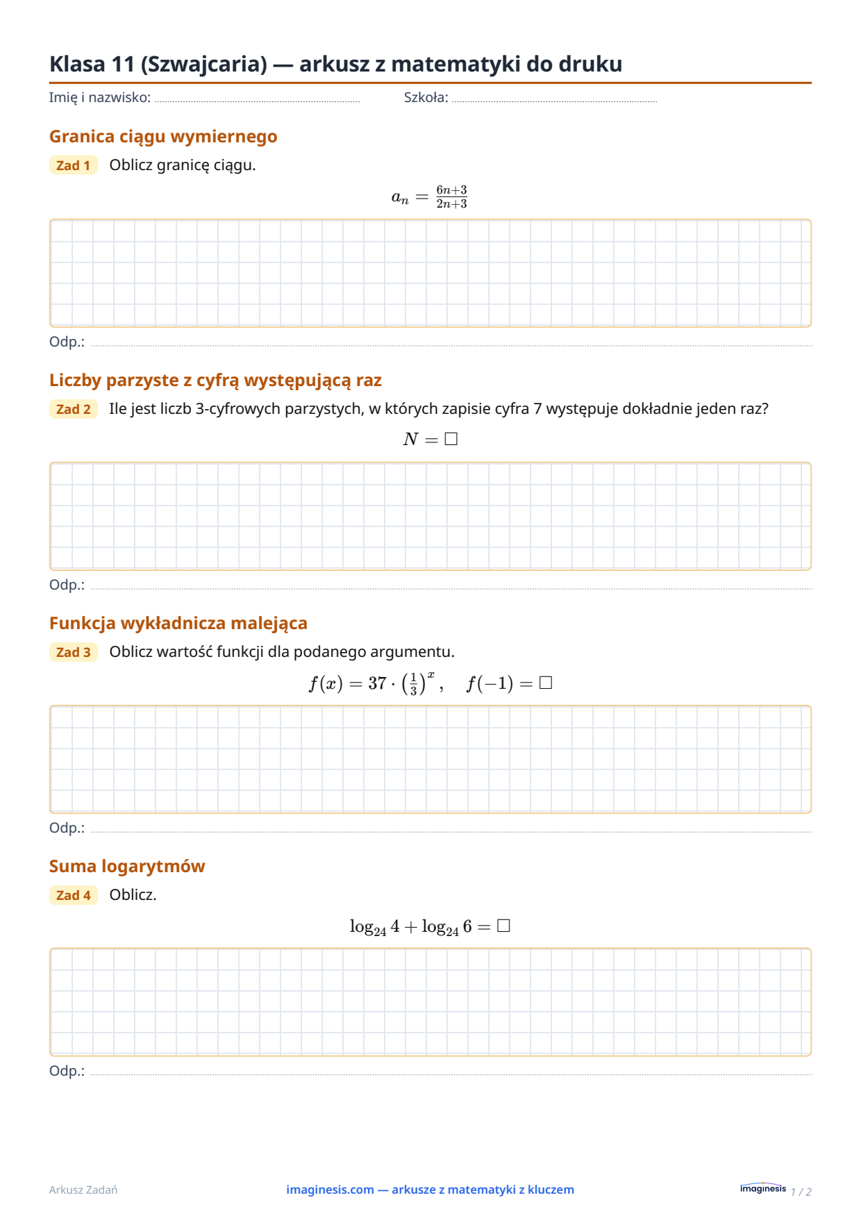 Klasa 11 (Szwajcaria) — arkusz z matematyki do druku — Karta ucznia: arkusz z matematyki do druku (Klasa 11, Szwajcaria)