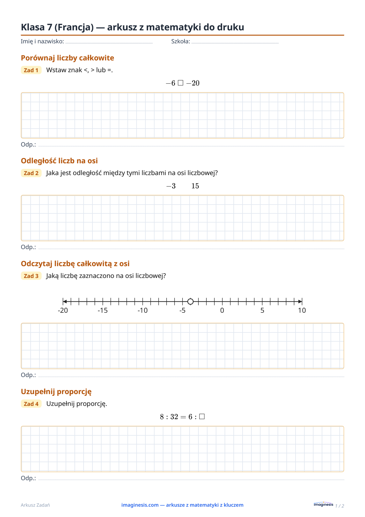 Klasa 7 (Francja) — arkusz z matematyki do druku — Karta ucznia: arkusz z matematyki do druku (Klasa 7, Francja)