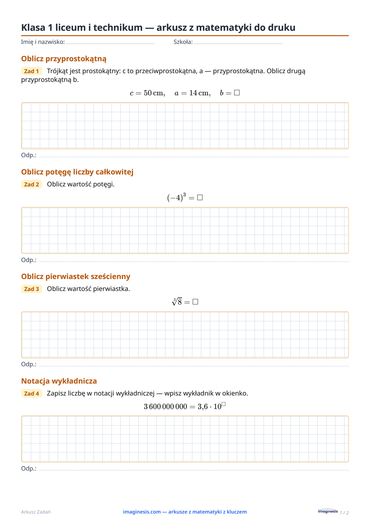 Klasa 9 (Niemcy) — arkusz z matematyki do druku — Karta ucznia: arkusz z matematyki do druku (Klasa 9, Niemcy)