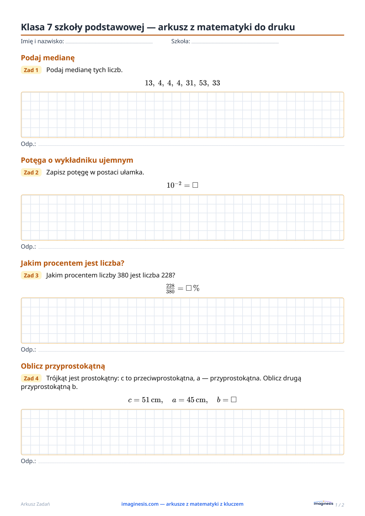 Klasa 7 szkoły podstawowej — arkusz z matematyki do druku — Karta ucznia: arkusz z matematyki do druku (Klasa 7 szkoły podstawowej, Polska)