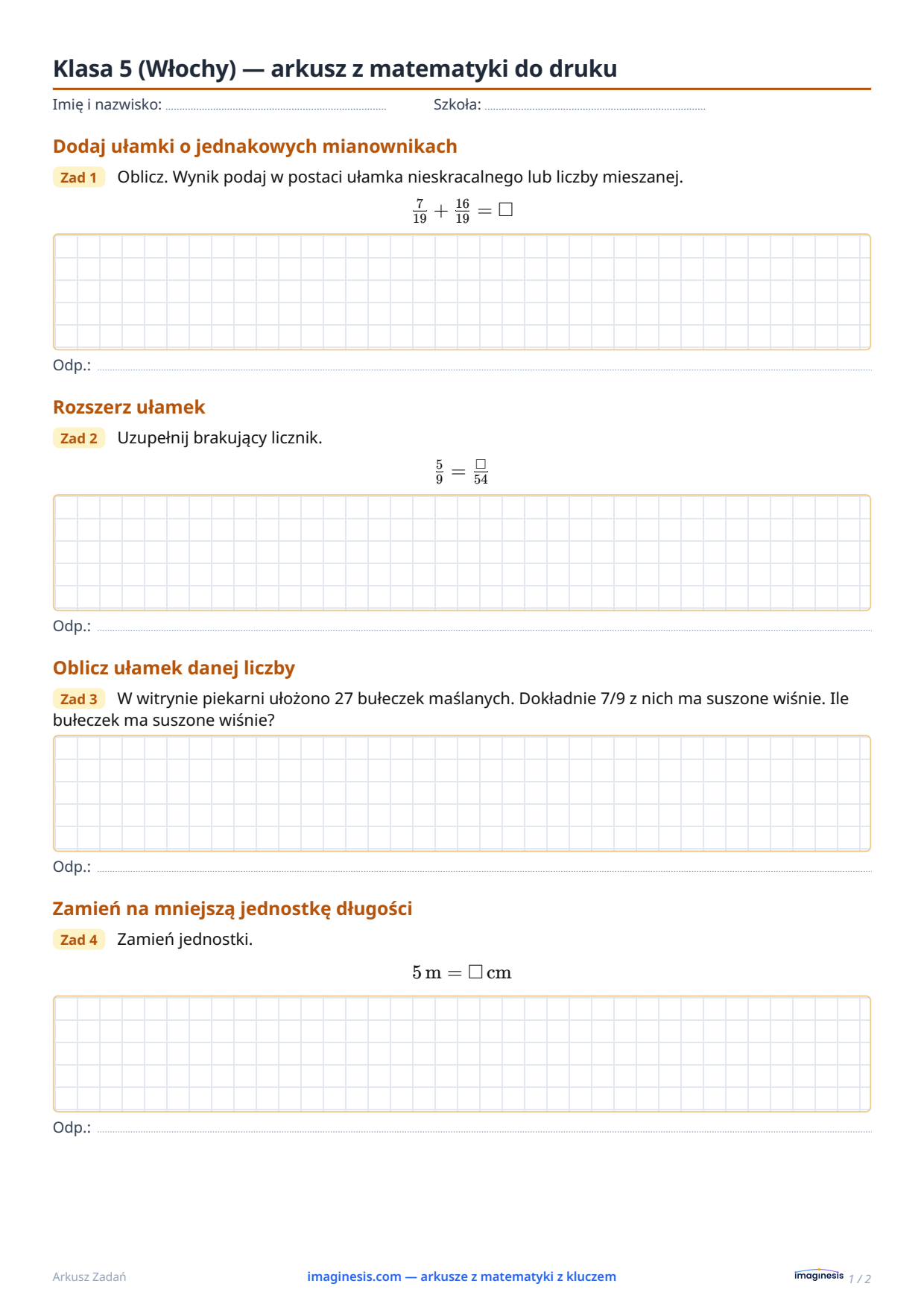 Klasa 5 (Włochy) — arkusz z matematyki do druku — Karta ucznia: arkusz z matematyki do druku (Klasa 5, Włochy)