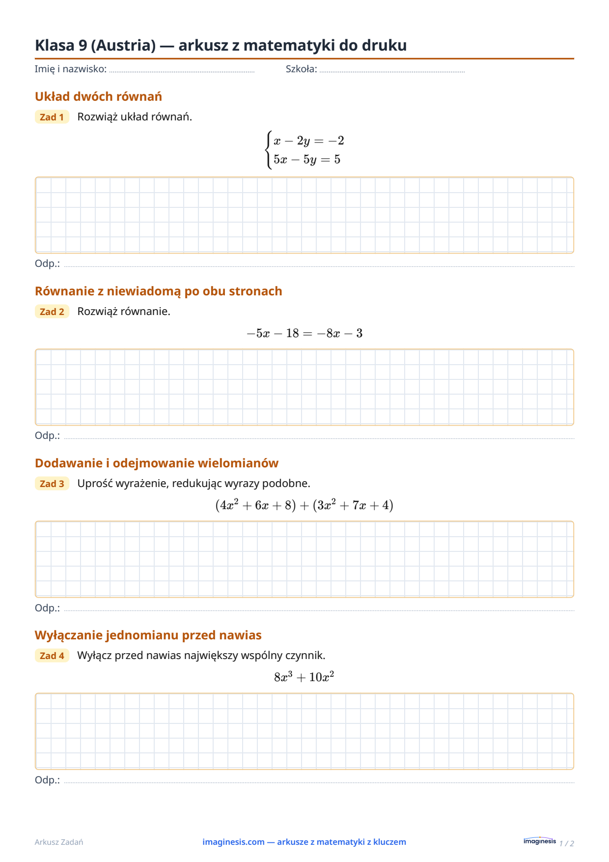 Klasa 9 (Austria) — arkusz z matematyki do druku — Karta ucznia: arkusz z matematyki do druku (Klasa 9, Austria)