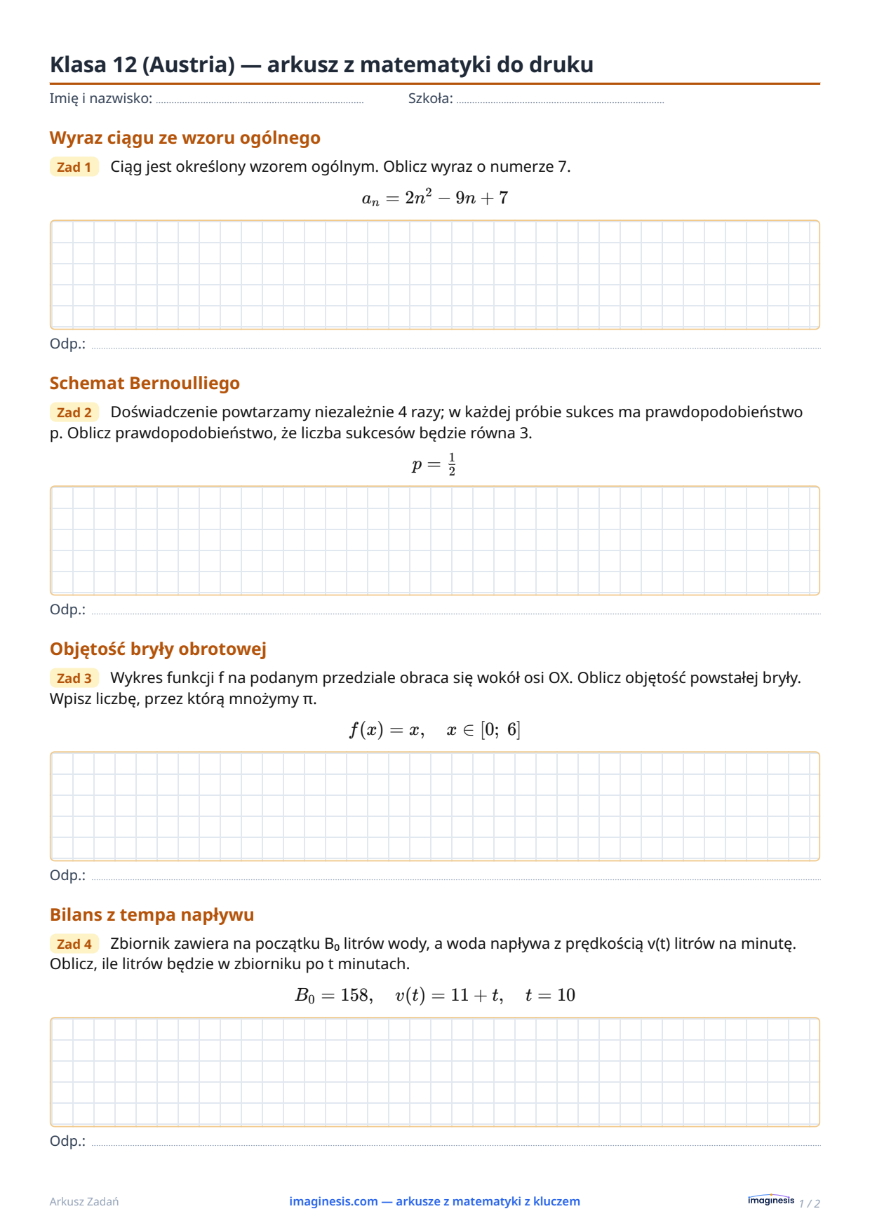 Klasa 12 (Austria) — arkusz z matematyki do druku — Karta ucznia: arkusz z matematyki do druku (Klasa 12, Austria)