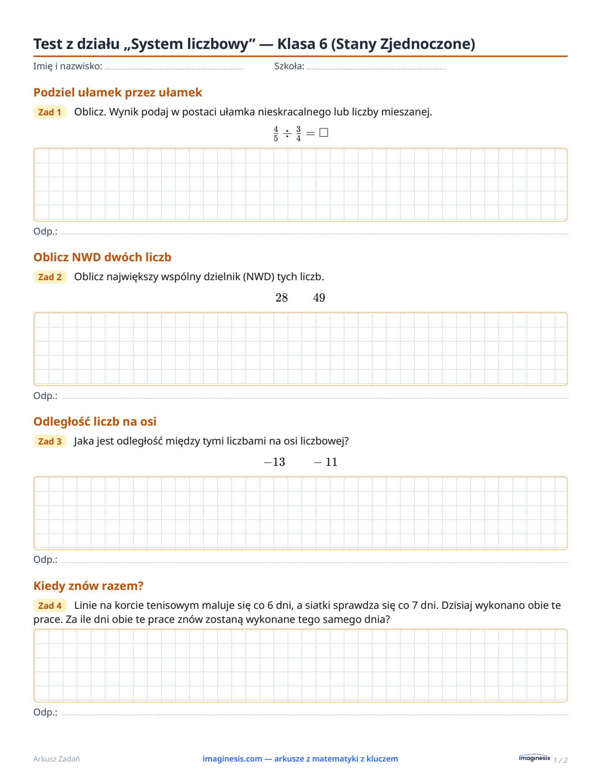 Test z działu „System liczbowy” — Klasa 6 (Stany Zjednoczone) — Karta ucznia: arkusz z matematyki do druku (Klasa 6, Stany Zjednoczone)