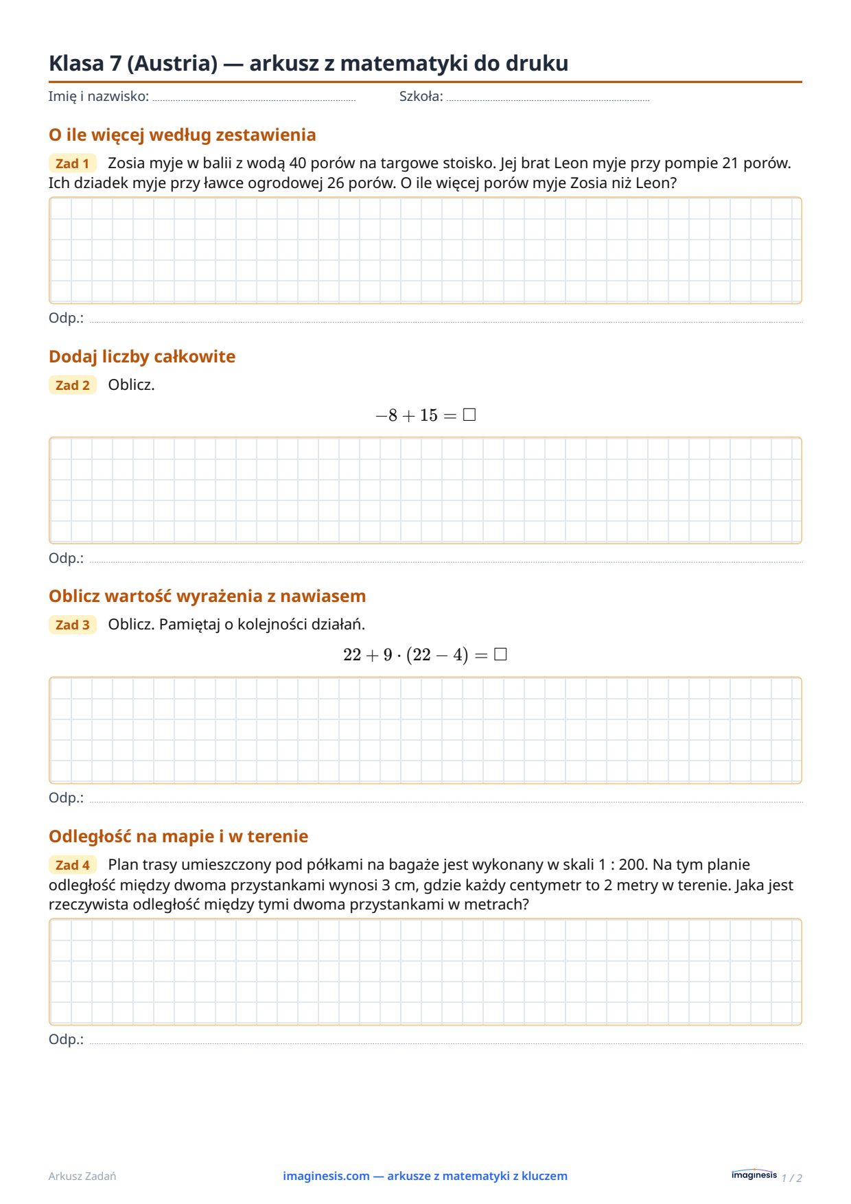 Klasa 7 (Austria) — arkusz z matematyki do druku — Karta ucznia: arkusz z matematyki do druku (Klasa 7, Austria)