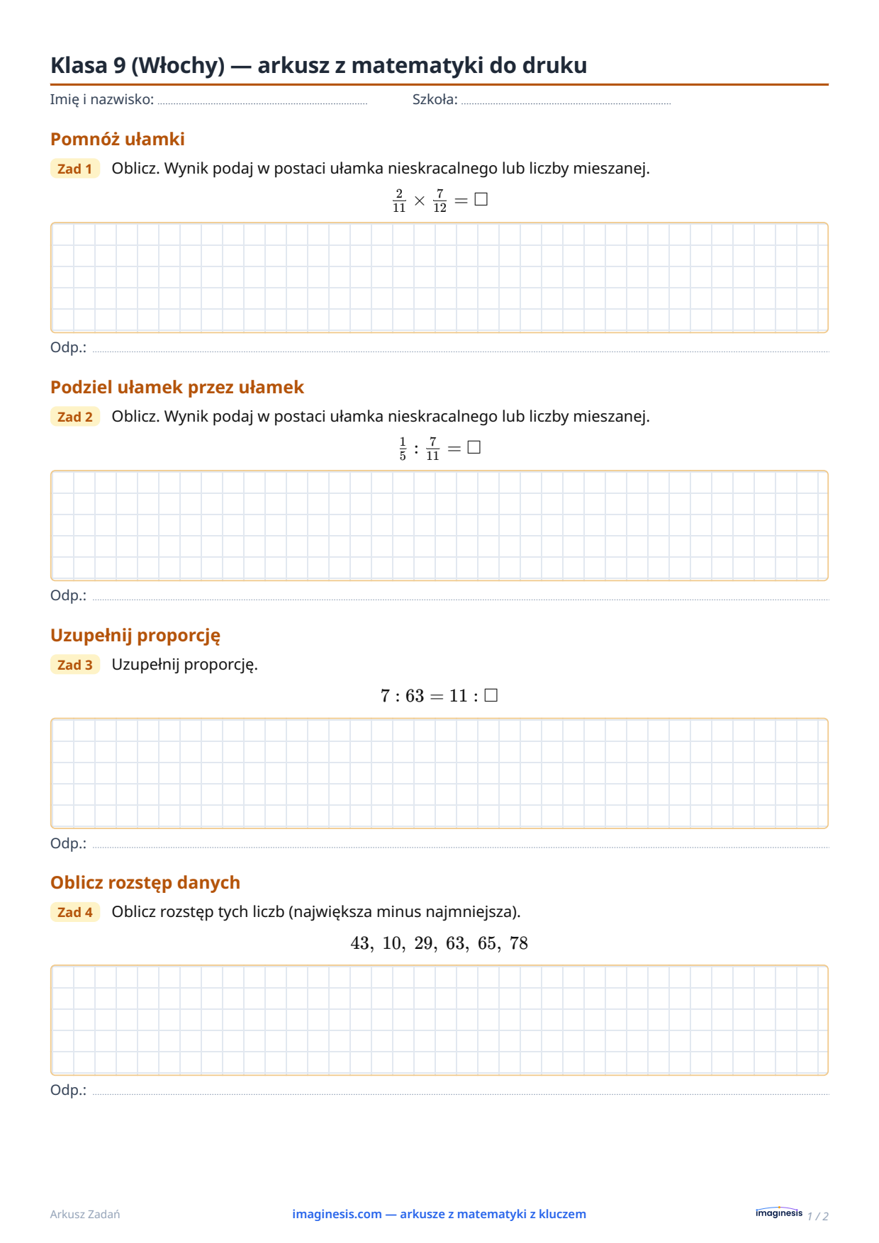 Klasa 9 (Włochy) — arkusz z matematyki do druku — Karta ucznia: arkusz z matematyki do druku (Klasa 9, Włochy)