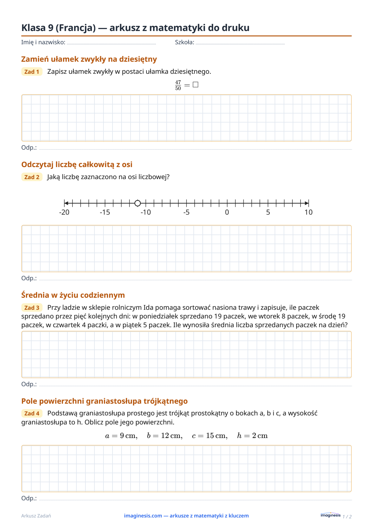 Klasa 9 (Francja) — arkusz z matematyki do druku — Karta ucznia: arkusz z matematyki do druku (Klasa 9, Francja)