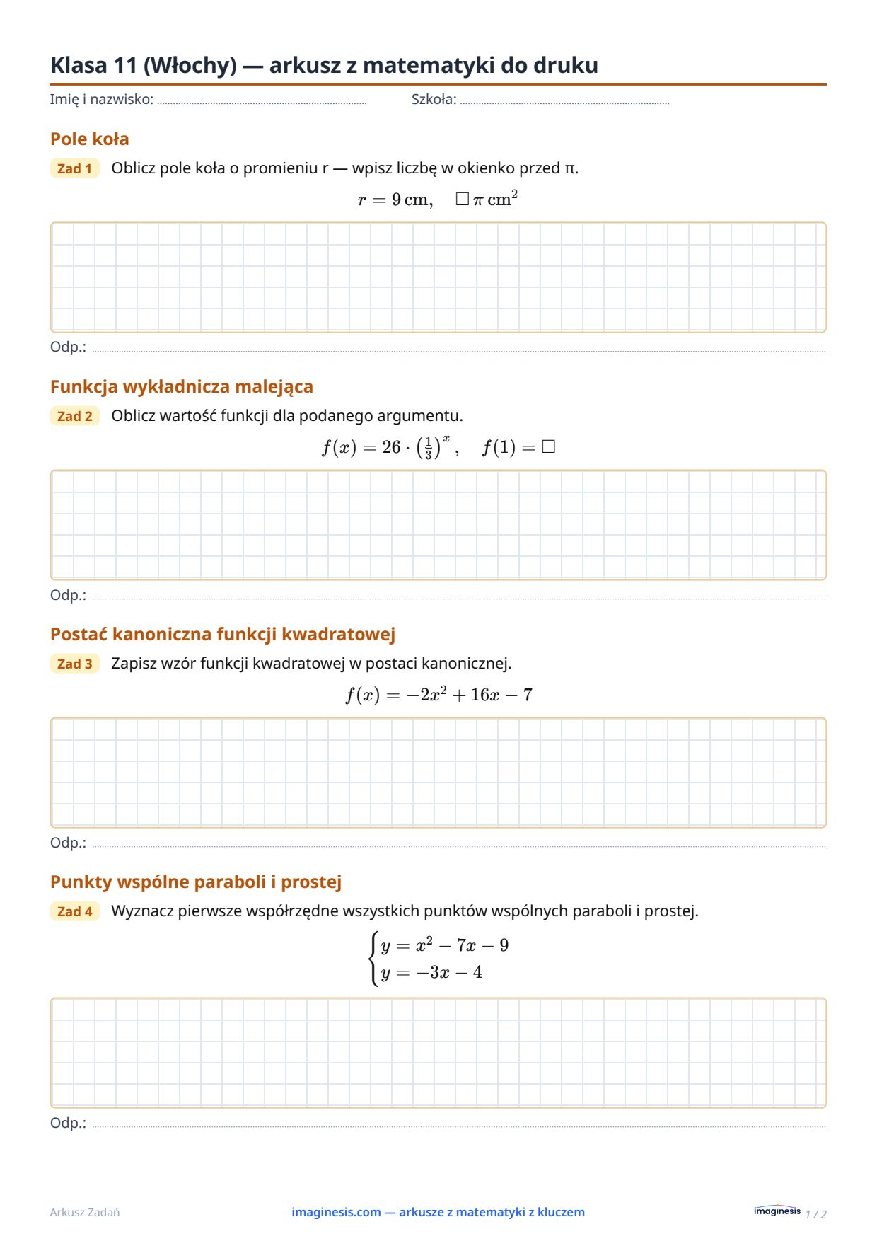 Klasa 11 (Włochy) — arkusz z matematyki do druku — Karta ucznia: arkusz z matematyki do druku (Klasa 11, Włochy)