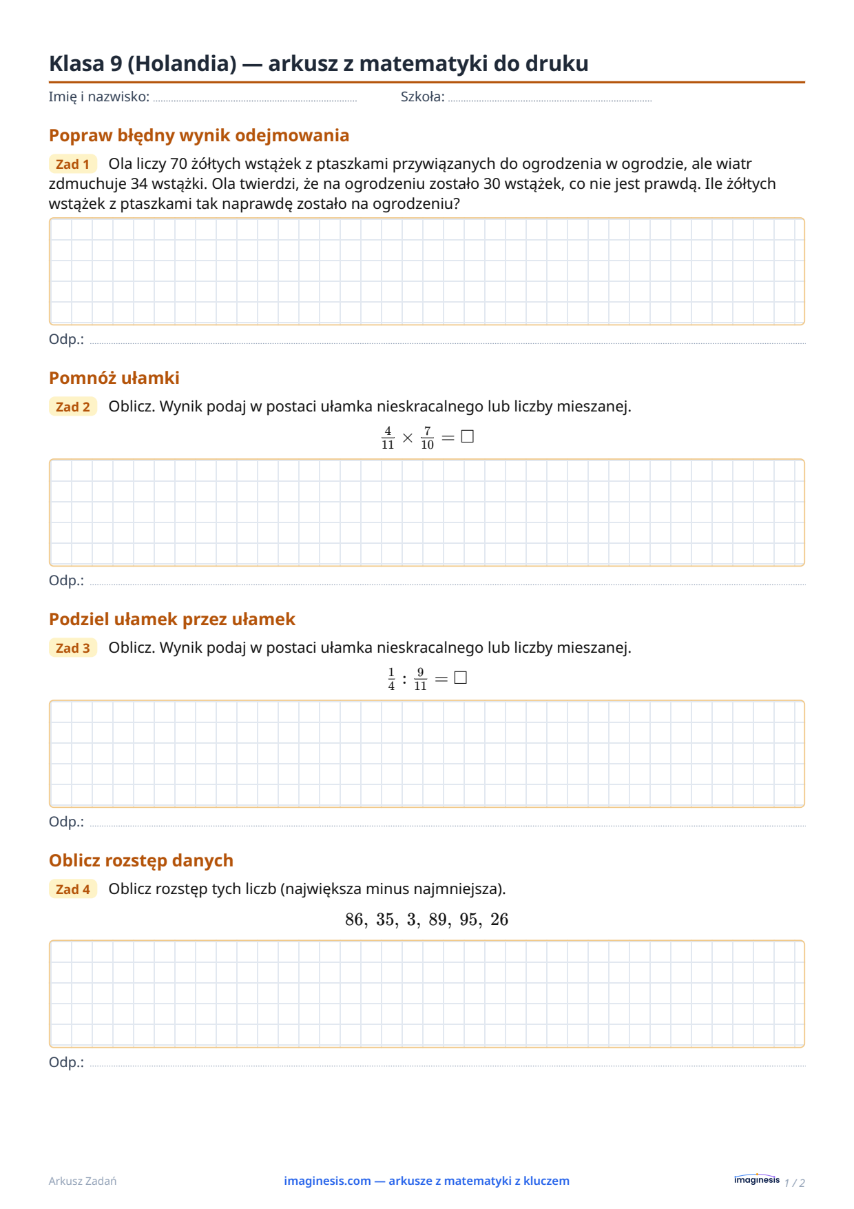 Klasa 9 (Holandia) — arkusz z matematyki do druku — Karta ucznia: arkusz z matematyki do druku (Klasa 9, Holandia)