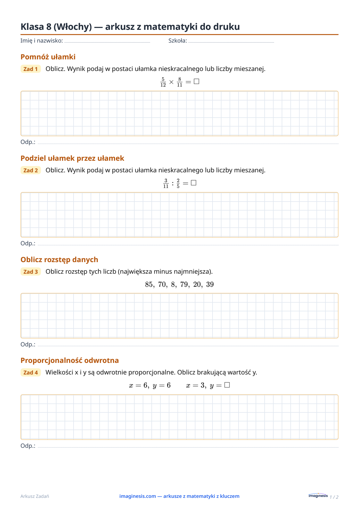Klasa 8 (Włochy) — arkusz z matematyki do druku — Karta ucznia: arkusz z matematyki do druku (Klasa 8, Włochy)