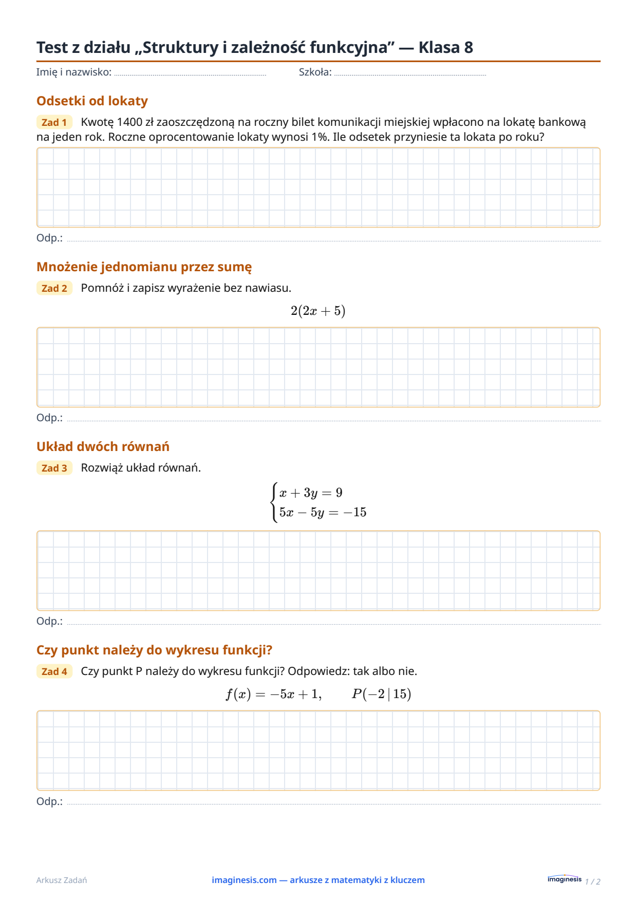 Test z działu „Struktury i zależność funkcyjna” — Klasa 8 — Karta ucznia: arkusz z matematyki do druku (Klasa 8, Niemcy)