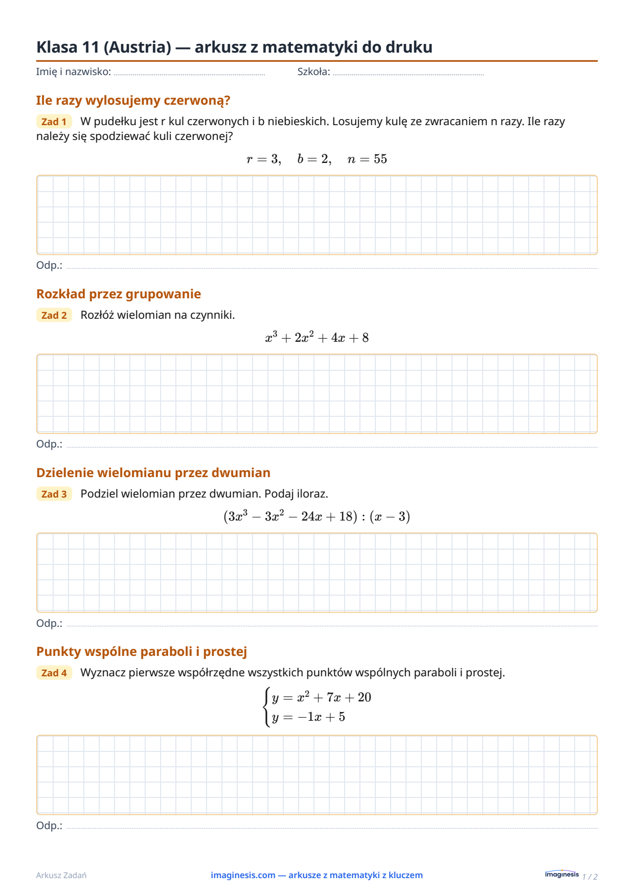 Klasa 11 (Austria) — arkusz z matematyki do druku — Karta ucznia: arkusz z matematyki do druku (Klasa 11, Austria)